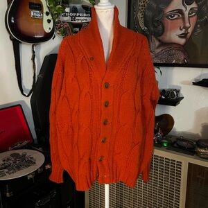 Vintage 1970s Lord Jeff Men’s Orange Knit Cardigan Sweater - 100% Virgin Wool